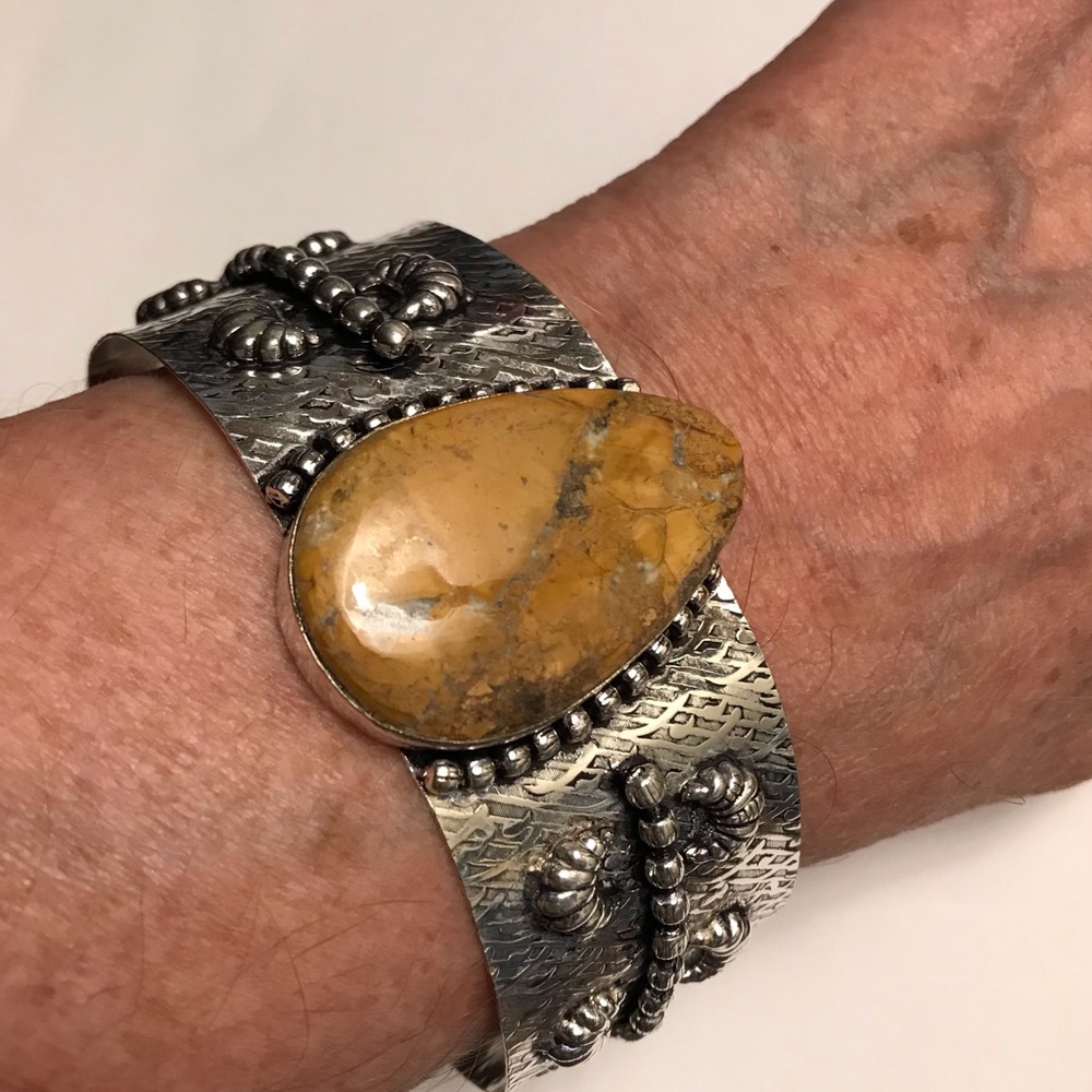 Bubble Bee Jasper Stamped 925 Sterling Silver Cuff Bracelet